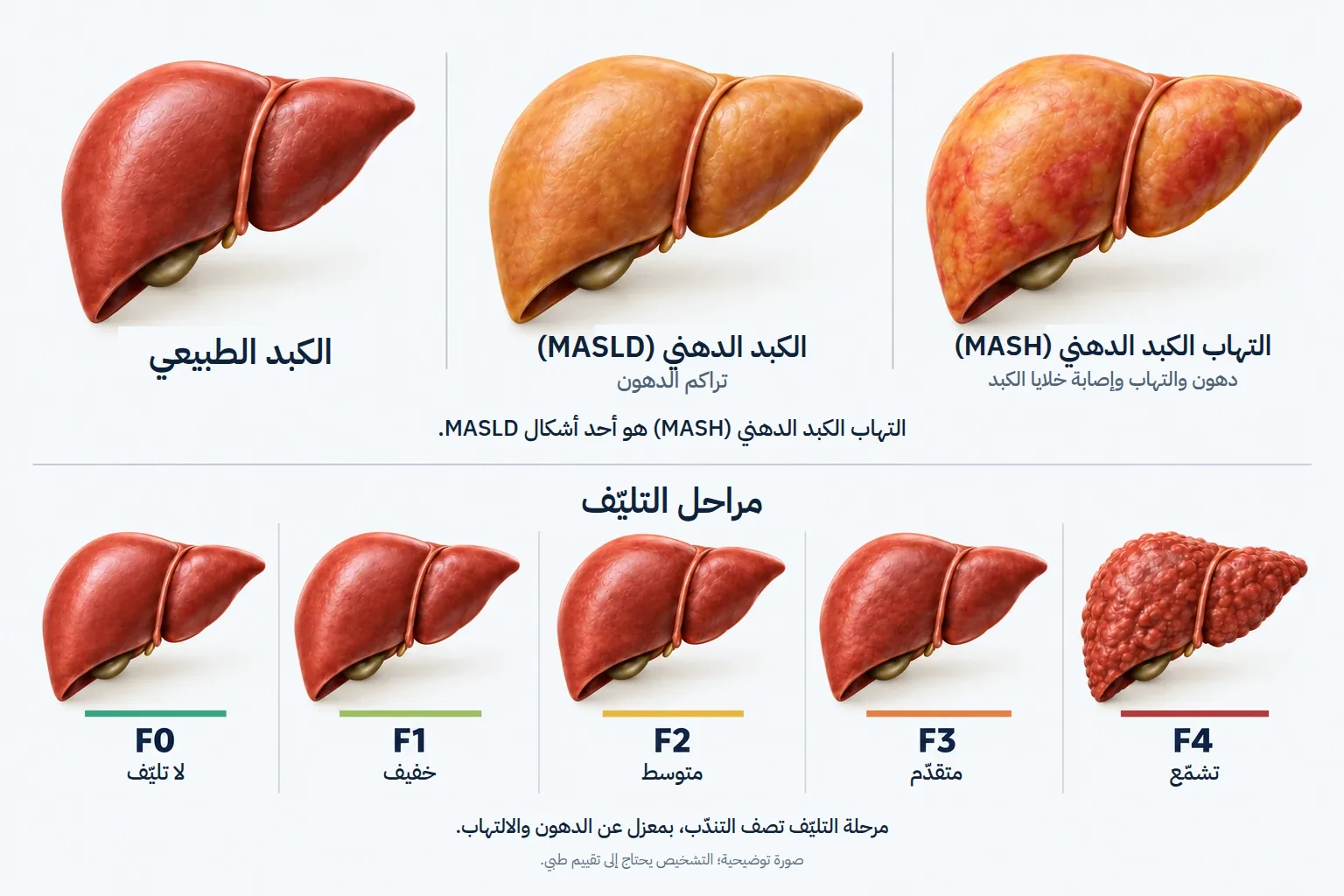 رسم توضيحي: كبد طبيعي؛ كبد دهني أصفر (MASLD، تراكم الدهون)؛ كبد دهني ملتهب (MASH: دهون والتهاب وإصابة خلايا الكبد)، وهو أحد أشكال MASLD. وفي الأسفل خمسة أكباد تمثّل مراحل التليّف: F0 لا تليّف، F1 خفيف، F2 متوسط، F3 متقدّم، F4 تشمّع، حيث يصبح سطح الكبد غير منتظم ومتكتّلًا.