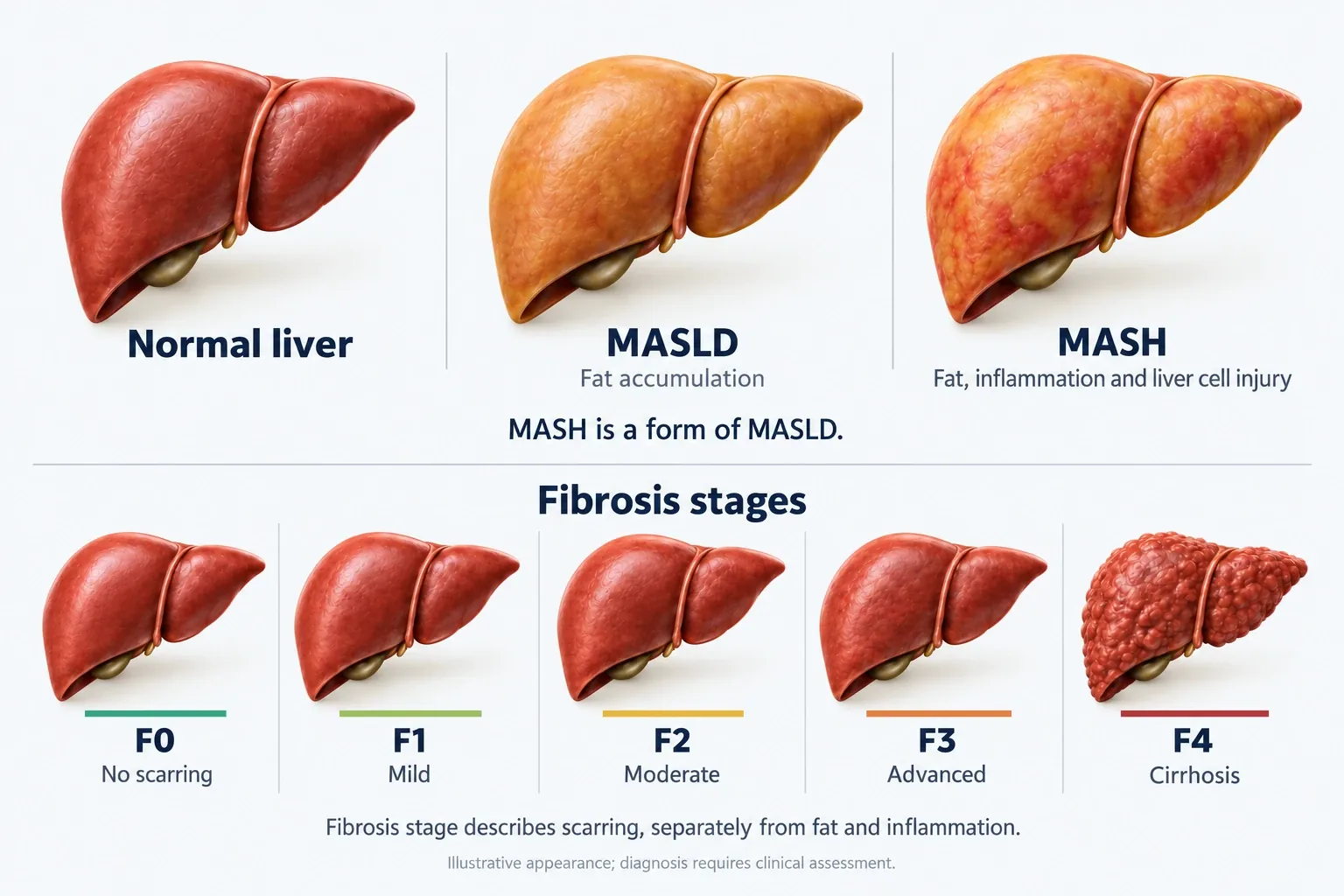 Illustration: a normal liver; a yellow fatty liver (MASLD, fat build-up); an inflamed fatty liver (MASH: fat, inflammation and liver cell injury), which is a form of MASLD. Below, five livers show fibrosis stages F0 no scarring, F1 mild, F2 moderate, F3 advanced and F4 cirrhosis, where the liver surface is lumpy.
